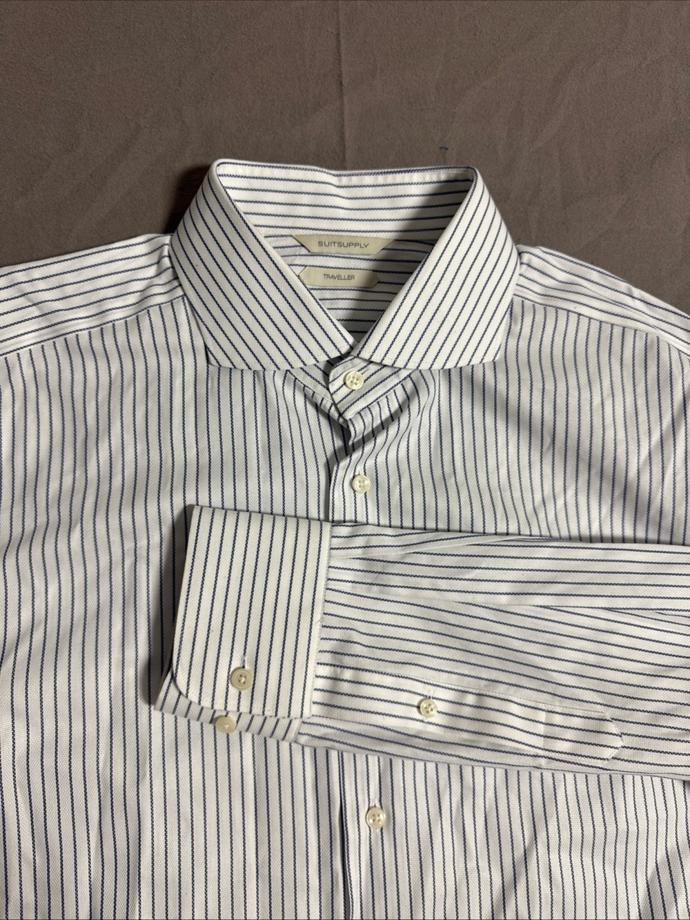 Suitsupply Shirt Size 43-7 17L White Blue Striped Egyptian Cotton Traveller Mens